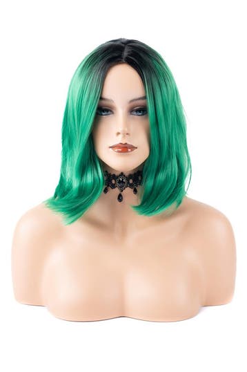 Luxe Groen Zwarte Pruik Curtain Bangs Pony Schouderlengte Ha, Ophalen of Verzenden