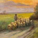 English school (XIX) - Landscape with flocks at sunset, Antiek en Kunst