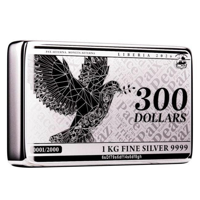 1 kilogram - Zilver .999 - 2026 1 Kilo $300 Liberia Pax 9999, Postzegels en Munten, Edelmetalen en Baren
