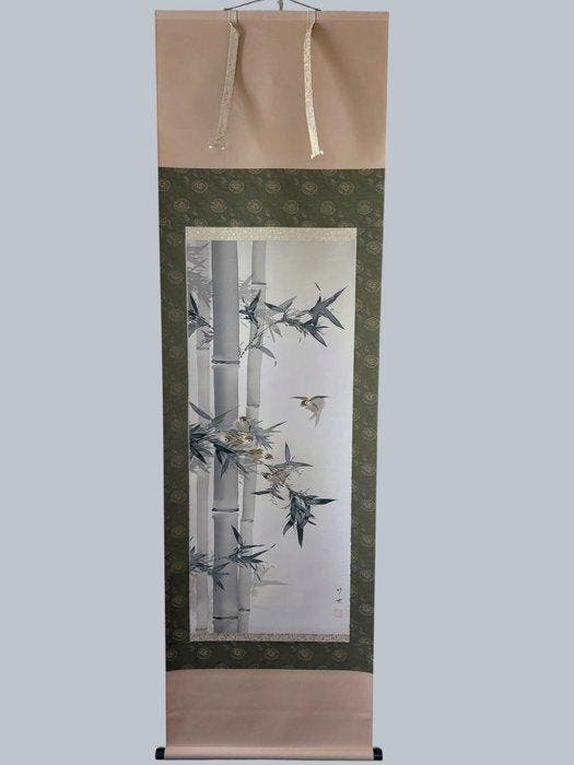 Japanse hangende rol - Tamura Chikusei - Spreeuwen en Bamboe, Antiquités & Art, Antiquités | Autres Antiquités