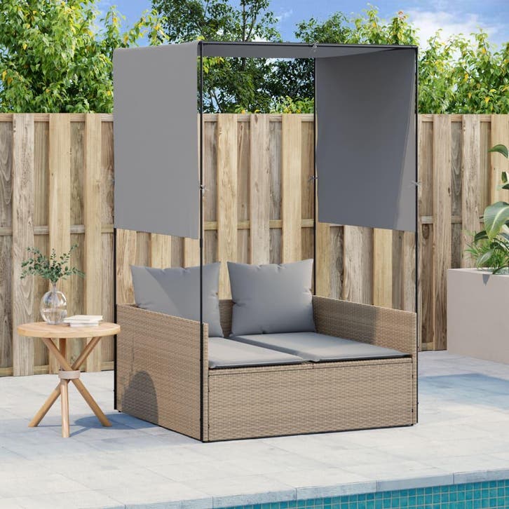 vidaXL Ligbed tweepersoons met dak en gordijn poly rattan, Tuin en Terras, Ligbedden, Nieuw, Verzenden