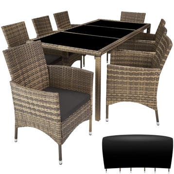 tectake Wicker zitgroep 8+1 met beschermhoes - natuur/donker, Verzenden