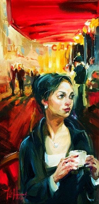 Jurij Frey - Café, Paris, Antiek en Kunst, Kunst | Schilderijen | Modern