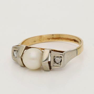 Ring - 18 karaat Geel goud, Witgoud - Zoetwater parel, Handtassen en Accessoires, Nieuw