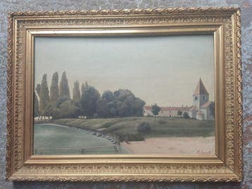 R. Amato (XX) - Paysage de campagne au clocher et bord de