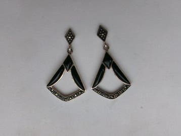 Zilver, Onyx & Marcasites - Oorbellen - Art Deco-stijl