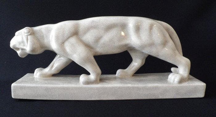Statue, Art Deco Prowling Panther - 690 mm - Céramique, Antiquités & Art, Curiosités & Brocante