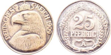 Duitsland Probe 25 Pfennig 1909a Cu/ni verzilvert selten!, Verzenden, België