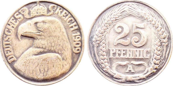 Duitsland Probe 25 Pfennig 1909a Cu/ni verzilvert selten!, Postzegels en Munten, Munten | Europa | Niet-Euromunten, België, Verzenden