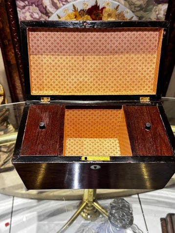 Vintage Wooden Tea Caddy / Chest Inlaid with Mother of Pearl