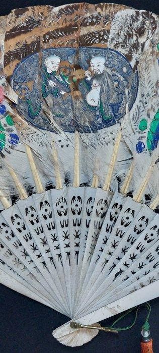 Éventail - os et plumes doie - Éventail chinois antique des, Antiquités & Art