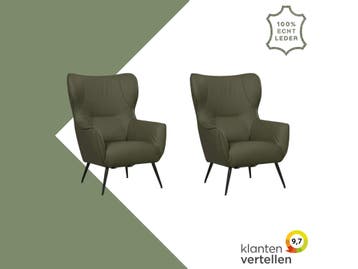 Set van 2 Leren fauteuils Flair - Toledo Olive (olijf/goen), Ophalen of Verzenden
