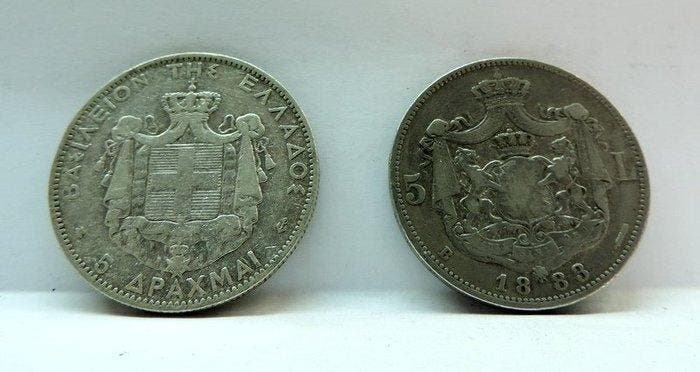 Roemenië, Griekenland. Lotto 2 monete argento da 5 Dracme e, Timbres & Monnaies, Monnaies | Europe | Monnaies non-euro
