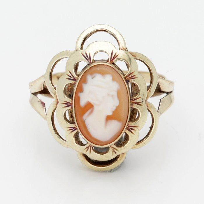 Bague - 14 carats Or jaune - Camée, Handtassen en Accessoires, Ringen
