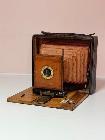 Antique Antique Wood & Brass Folding Plate Camera with Red