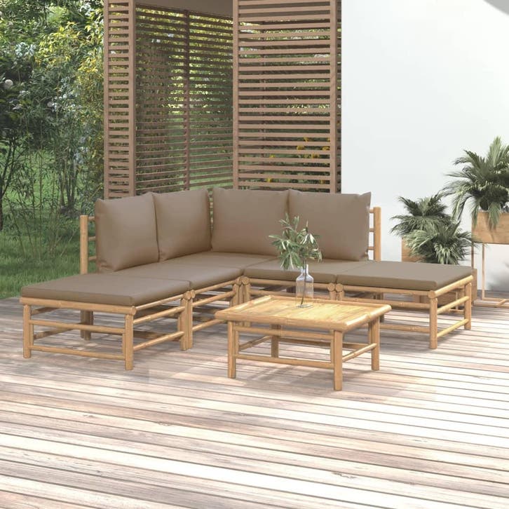vidaXL 6-delige Loungeset met kussens bamboe taupe, Jardin & Terrasse, Ensembles de jardin, Envoi