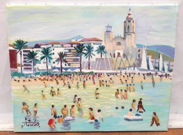 Jordi Curós Ventura (1930-2017) - Bañistas en la playa de, Antiek en Kunst, Kunst | Schilderijen | Klassiek