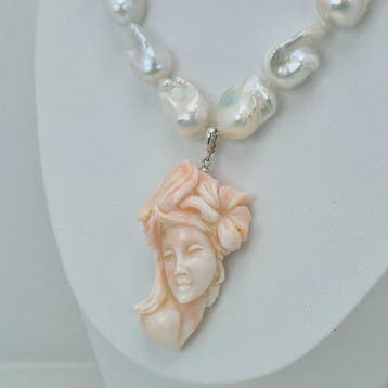 Koraal - Zilver - Ketting met hanger - Parels en roze koraal, Antiek en Kunst