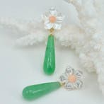 Koraal - Zilver, Verguld - Oorbellen - Roze koraal en jade, Antiek en Kunst