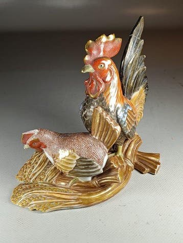 Coq et poule satsuma - sculptuur Porselein - Japan - Meiji