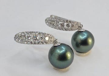 Oorbellen - 18 karaat Witgoud, 10,8 mm ronde Tahitiaanse, Nieuw