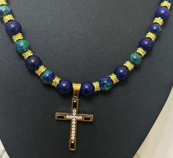 Lapis-lazuli, Azurmalaquita, Malachite avec croix - Collier, Antiquités & Art