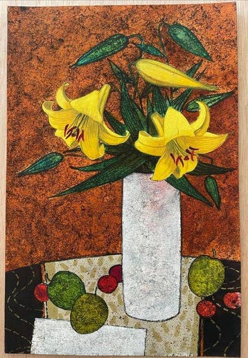 Yves Ganne (1931-2019) - Vase de lys jaunes et fruits -