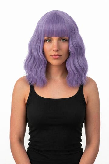 KIMU® Luxe Lila Pruik Schouderlengte Rechte Pony Krullen Lic, Ophalen of Verzenden