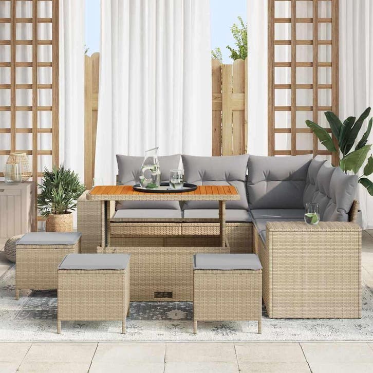 vidaXL Tuinbank Set met kussen 9 pcs Beige poly rattan, Tuin en Terras, Tuinsets en Loungesets, Nieuw, Verzenden