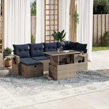 vidaXL 7-delige tuinbankset met kussens, grijs polyrotan, Verzenden