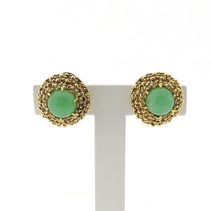 Gouden oorclips met chrysopraas (Oorbellen), Handtassen en Accessoires, Oorbellen, Goud, Gebruikt, Met edelsteen, Goud, Ophalen of Verzenden