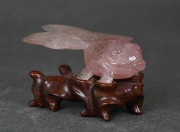 Chinese - Rose Quartz - Gold Fish on Wooden Stand - Quartz