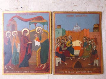 Icoon - Hout - Paar handgeschilderde orthodoxe iconen - 25 x