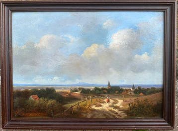 École néerlandaise (XIX) - Landschap met dorp, Antiek en Kunst