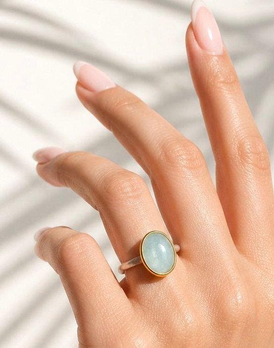 925 zilver, melkachtig aquamarijn - Ring, Verzamelen, Mineralen en Fossielen