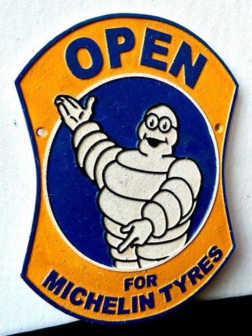 No reserve-Zwaar gietijzeren reclamebord Michelin Tyres met