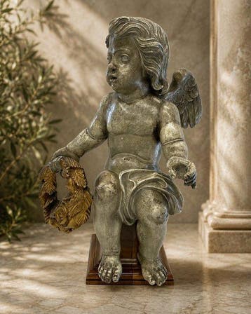 Beeld, Zittende putto (engel) - 55.5 cm - Hout, Antiek en Kunst
