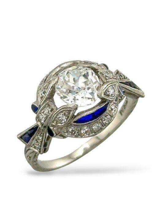 Ring Platina, Art Deco platinaring met grote centrale, Handtassen en Accessoires, Ringen