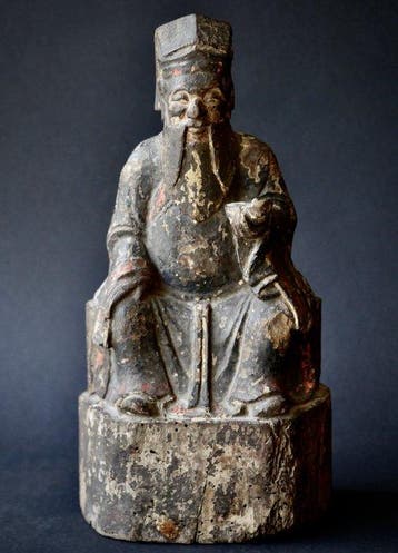 Grande scultura di Saggio o Dignitario Seduto, Legno, Antiek en Kunst