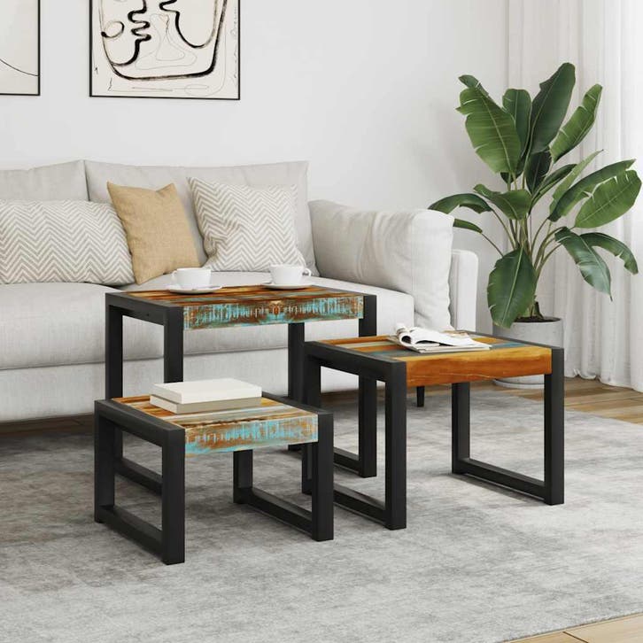 vidaXL 3-delige Tafeltjesset massief gerecycled hout, Huis en Inrichting, Tafels | Bijzettafels, Nieuw, Verzenden