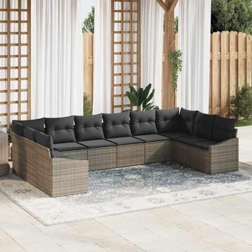 vidaXL Tuinbank Set met opslag 10 pcs Grijs poly rattan, Verzenden