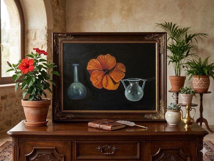Antonio Sciacca (1957) - Ibiscus + vetri romani, Antiquités & Art, Art | Peinture | Classique