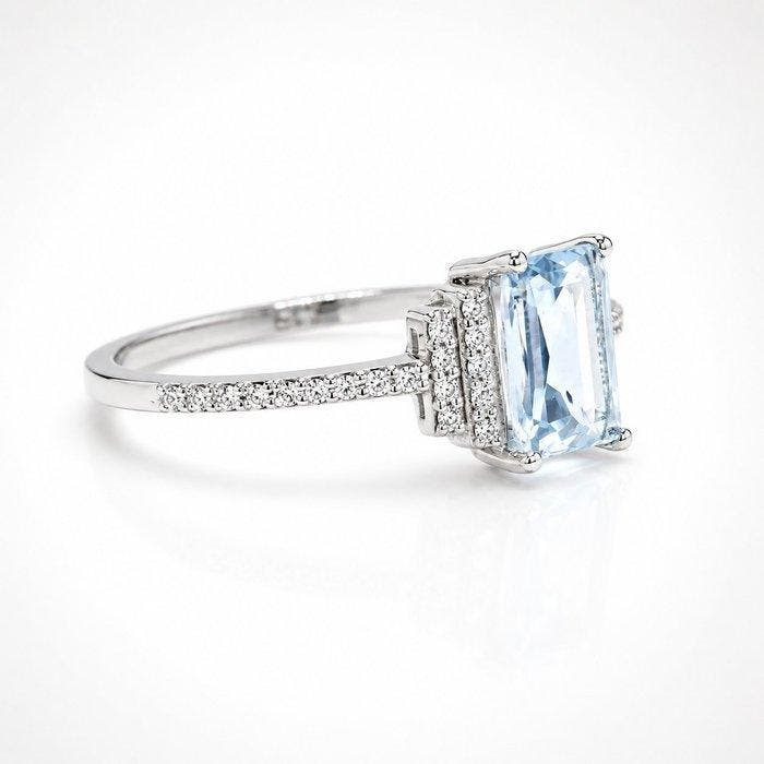 Zonder minimumprijs - Ring Platina - 0.95ct. tw. Aquamarijn, Handtassen en Accessoires, Ringen