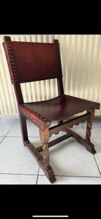 Chaise - Cuir, Chêne - Superbe Baroque espagnol, Antiquités & Art
