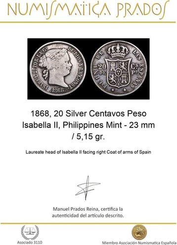Spanje. Isabel II. 20 Centavos Peso 1868, Philippines Mint