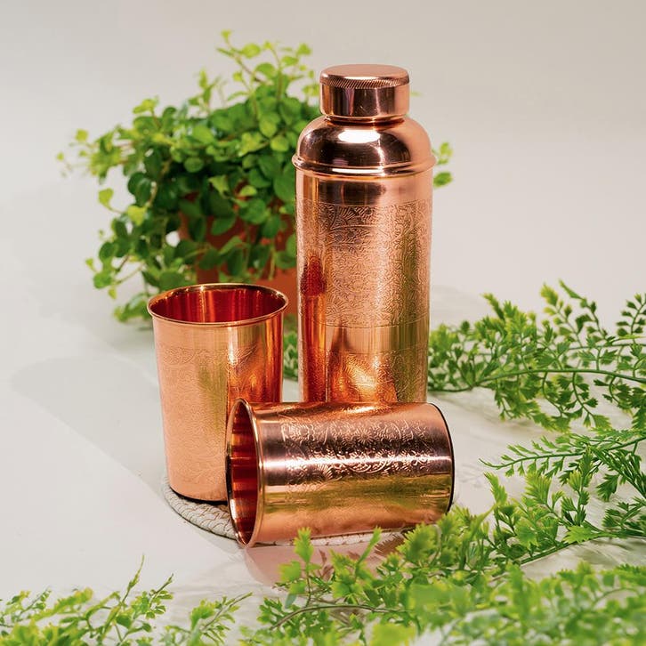 Puur Koperen Set: Fles (± 750 ml) + 2 Bekers Bloempatroon, Sport en Fitness, Gezondheidsproducten en Wellness, Ophalen of Verzenden