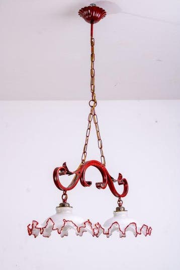Lustre - Barre dabat-jour opaline en mouchoir - Fer forgé -