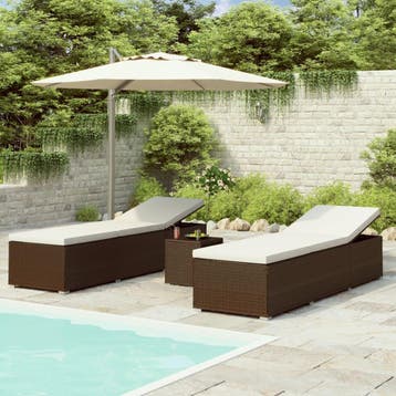 vidaXL 3-delige Ligbeddenset met theetafel poly rattan bruin, Verzenden
