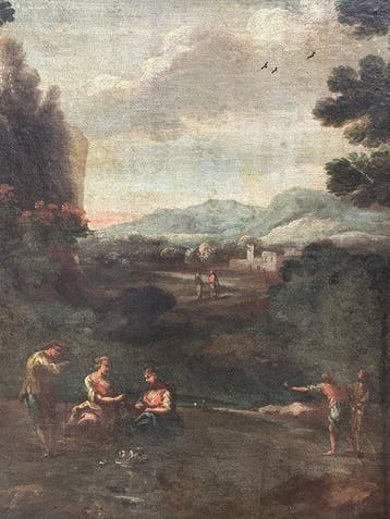 Italiaanse school (XVII) - Paesaggio collinare con viandanti