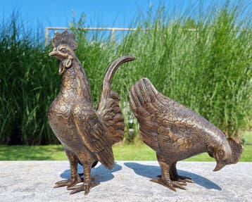 Beeldje - Chicken and rooster - Brons